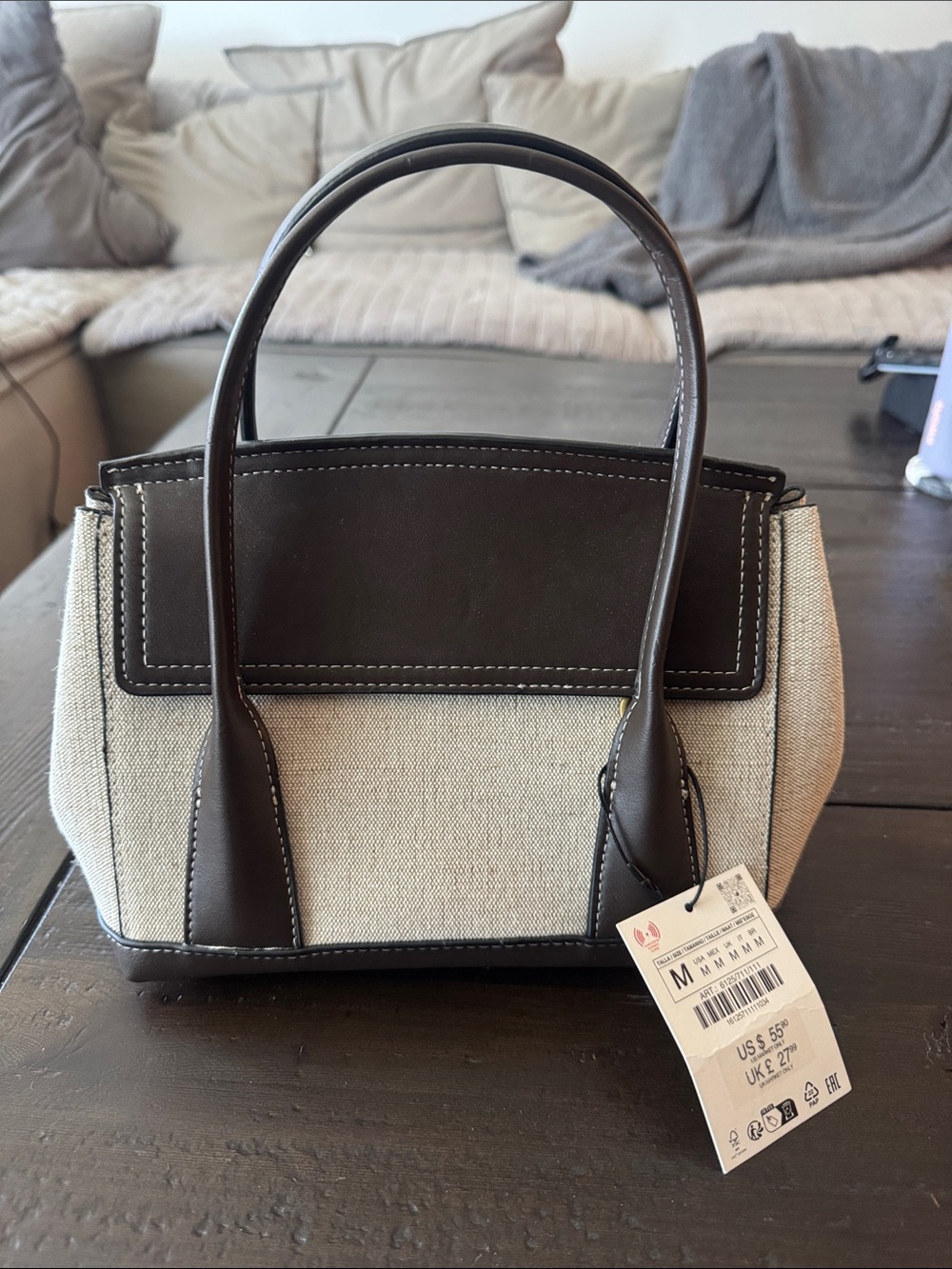 Zara Beige Canvas Satchel with Dark Brown Trim